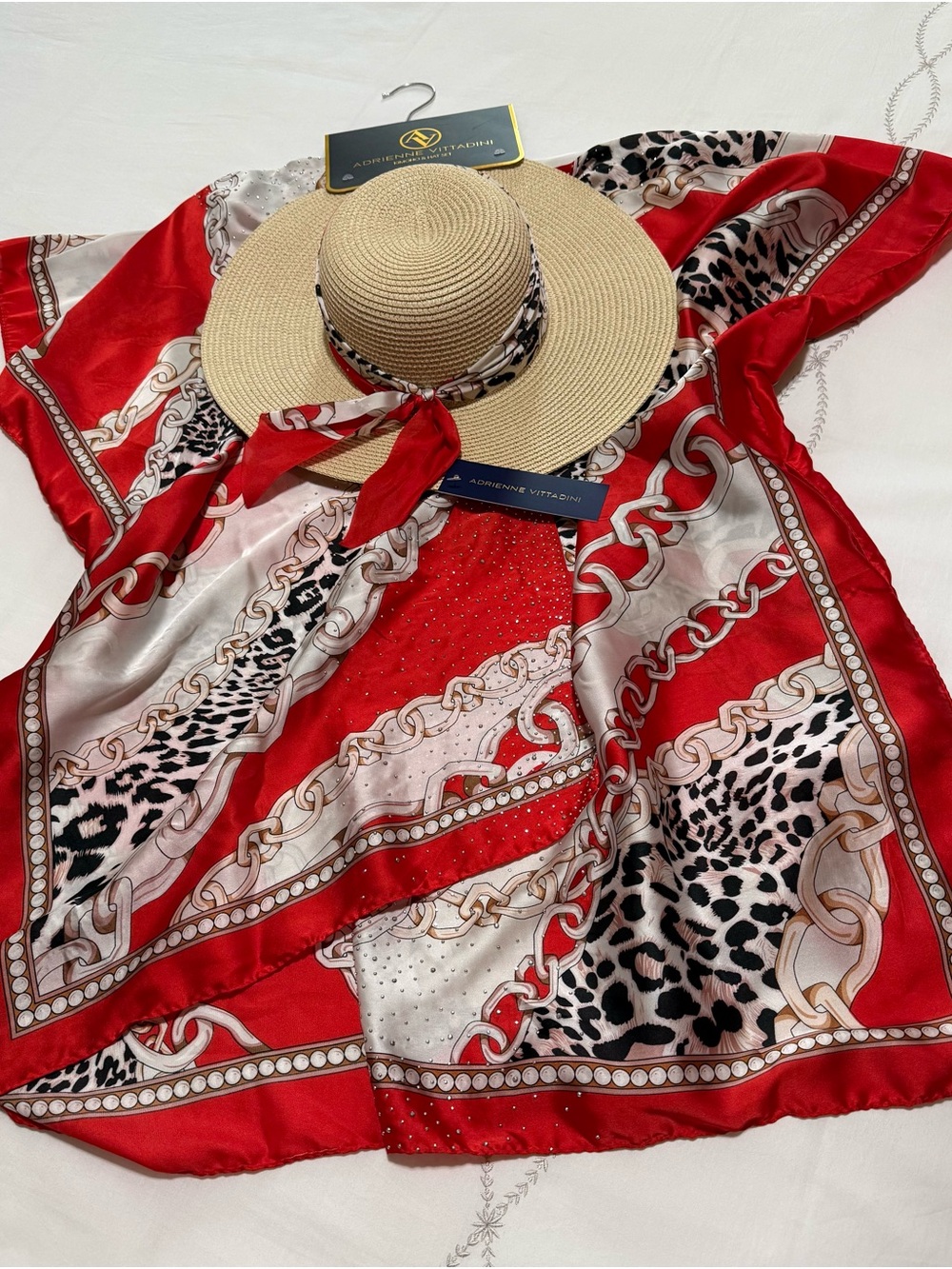 Adrienne Vittadini Red & Ivory Chain Print Silk Kimono with Straw Hat